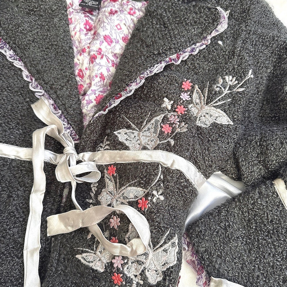Angie Grey Boucle Embroidered Butterfly Ribbon Tie Jacket Large NWT